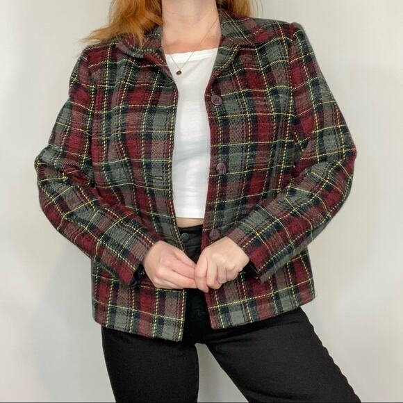 Vintage 90s Sag Harbor Olive & Burgundy Plaid Shacket Shirt Jacket Blazer Coat - Picture 2 of 11